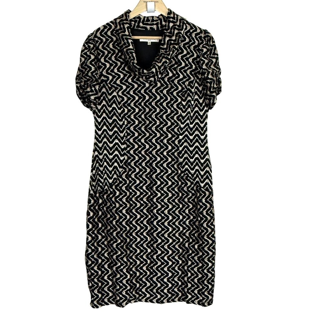 Evan-Picone Cowl Neck Dress Sz 16 Short Sleeve Ruched Zigzag Black Gold